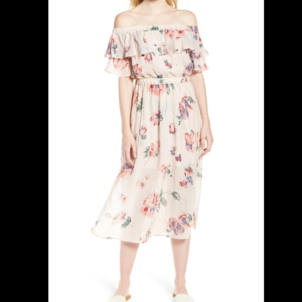 LUCKY BRAND Floral Off shoulder Midi Dress